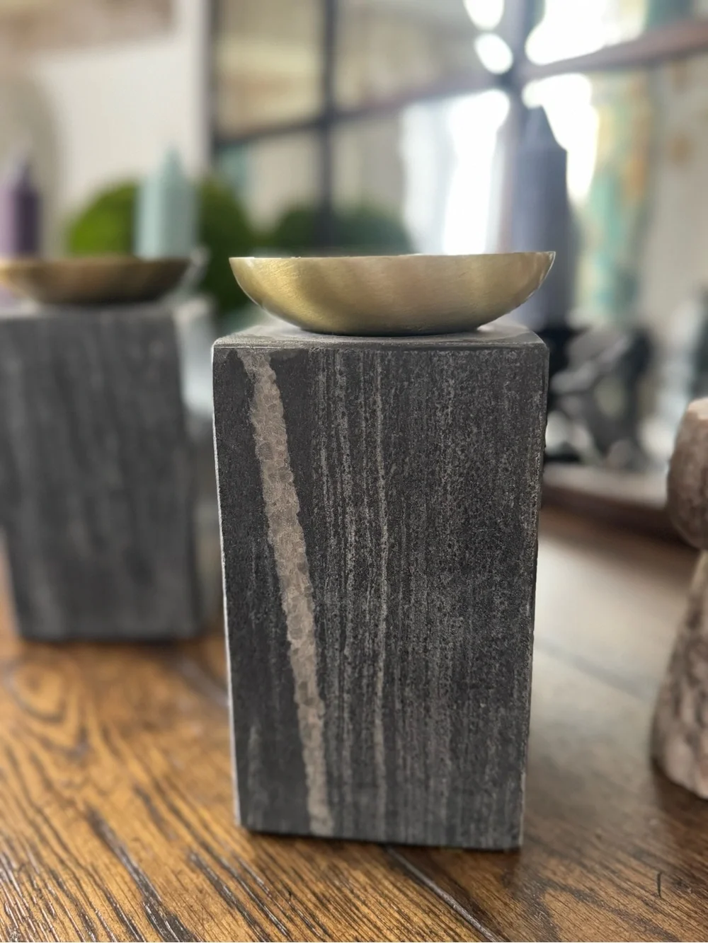Crate &Barrel ~ 1/ Sain Marble Pillar Candle Holder 7”